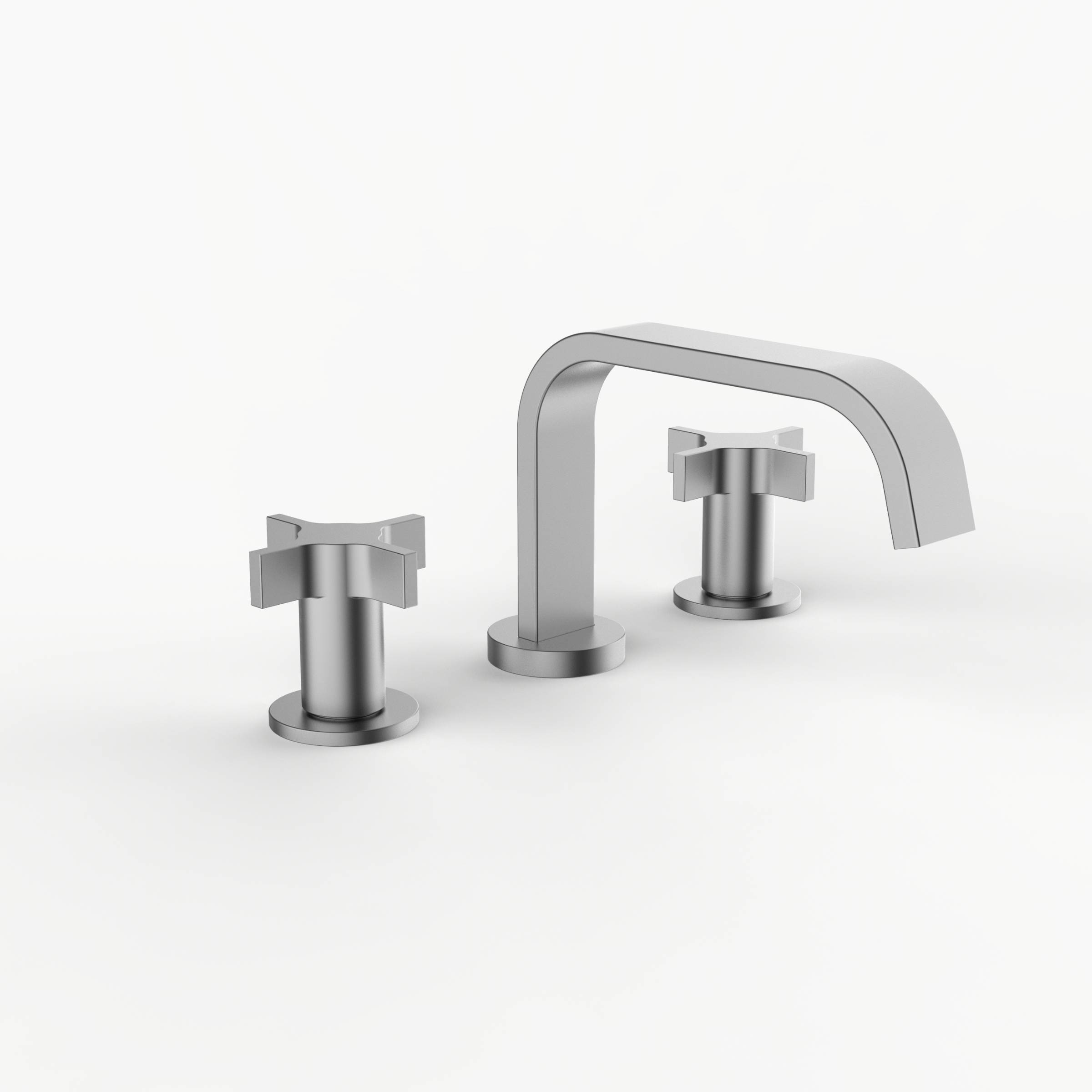 Davinci D05-H07-100-SN Flat Round Deck Mounted, Three Hole Lavatory Faucet with Flat Low, Round Flange Spout with Tapered Cross Style Handles in Satin Nickel
