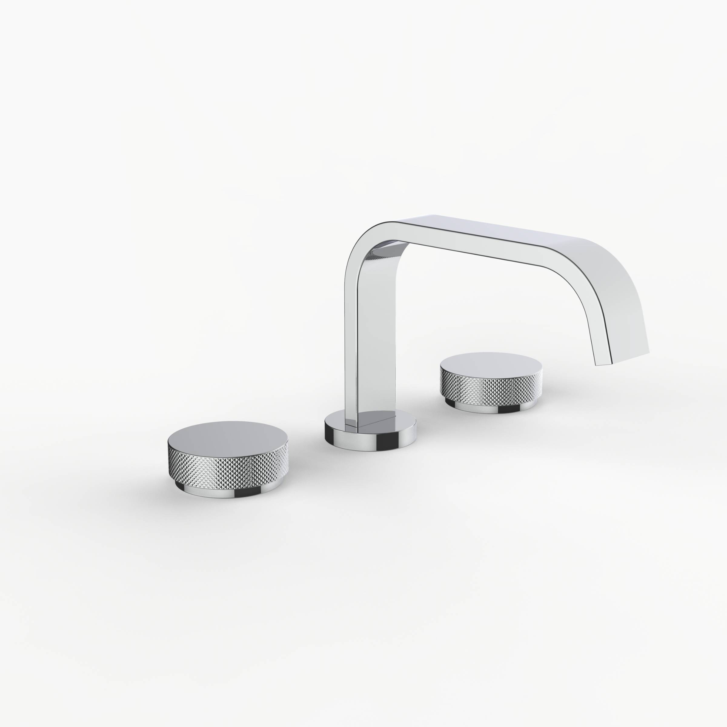 Davinci D05-H16-100-PC Flat Round Deck Mounted, Three Hole Lavatory Faucet with Flat Low, Round Flange Spout with Knurled Puck Handles in Polished Chrome