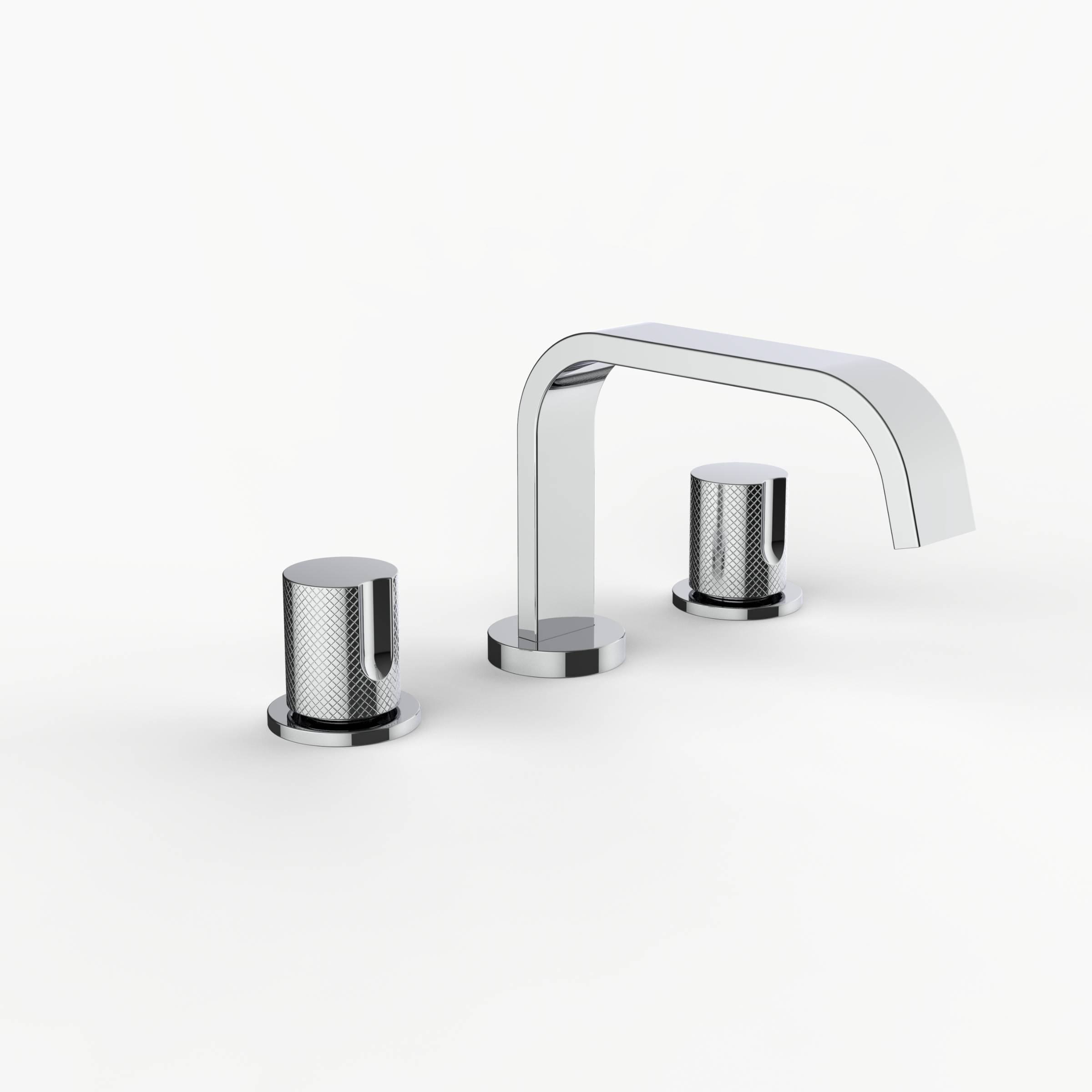 Davinci D05-S3K-100-PC Flat Round Deck Mounted, Three Hole Lavatory Faucet with Flat Low, Round Flange Spout with Knurled Knob Style Handles with Vertical Groove in Polished Chrome