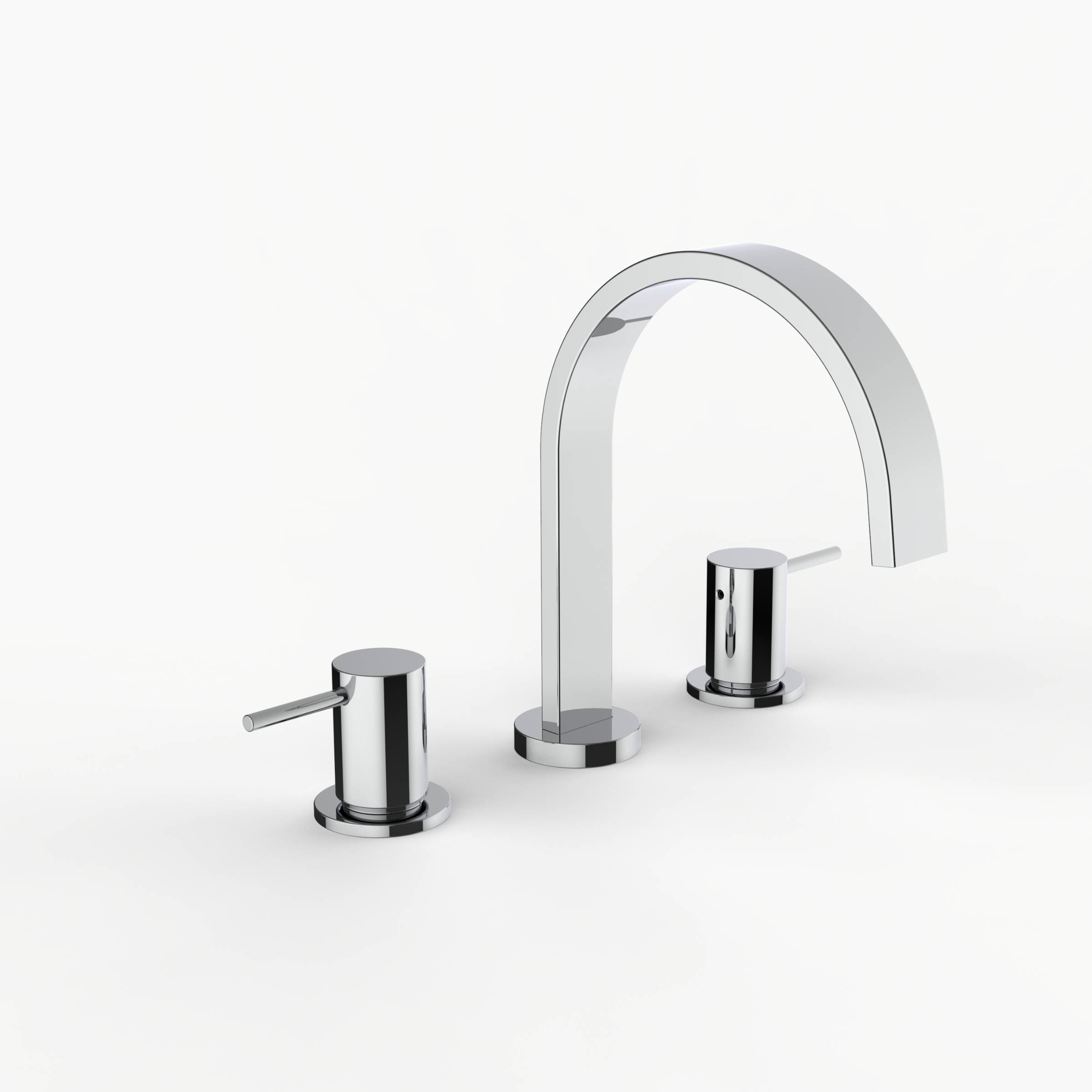 Davinci D06-H01-100-PC Flat Round Deck Mounted, Three Hole Lavatory Faucet with Flat Arc, Round Flange Spout with Stick Lever Style Handles in Polished Chrome