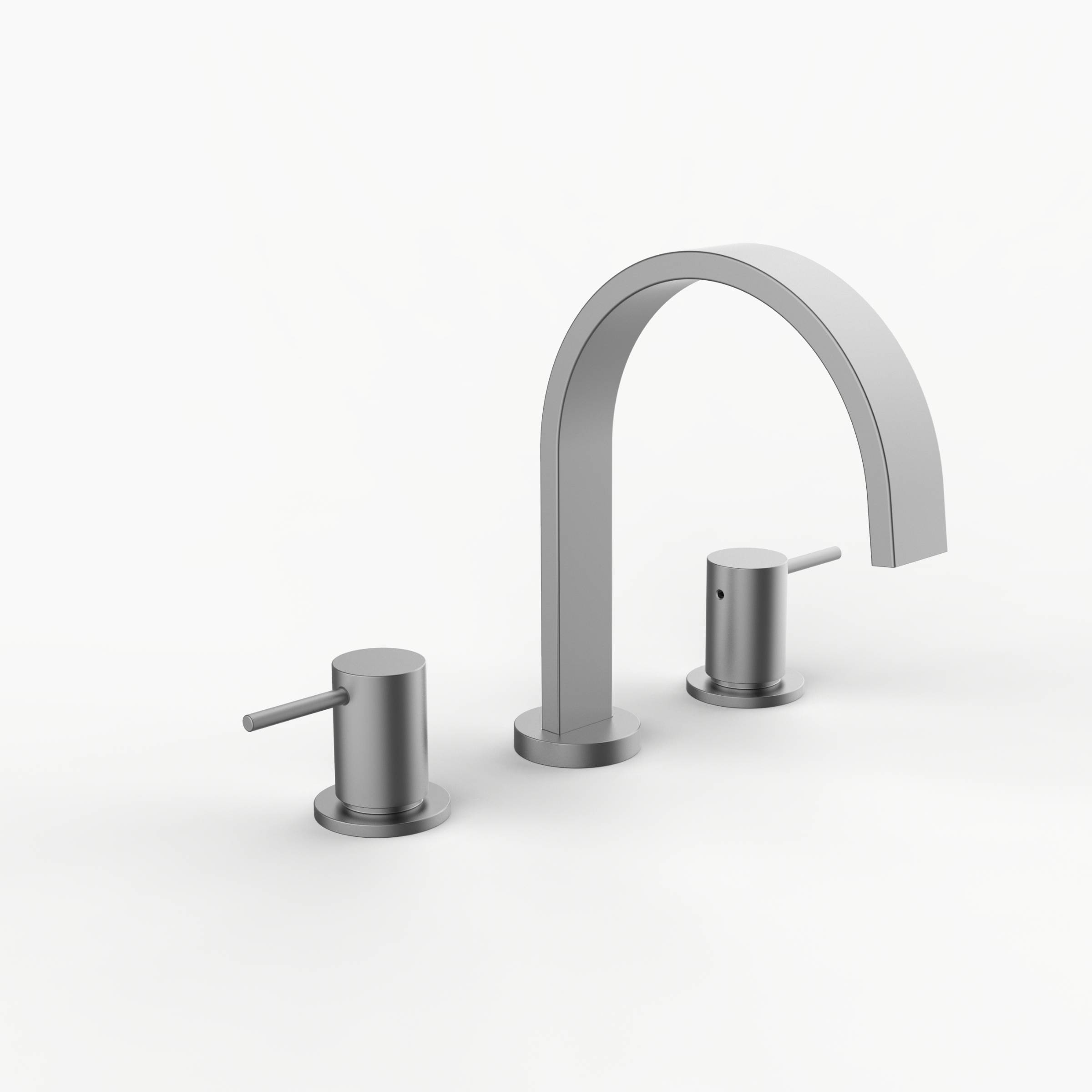 Davinci D06-H01-100-SN Flat Round Deck Mounted, Three Hole Lavatory Faucet with Flat Arc, Round Flange Spout with Stick Lever Style Handles in Satin Nickel