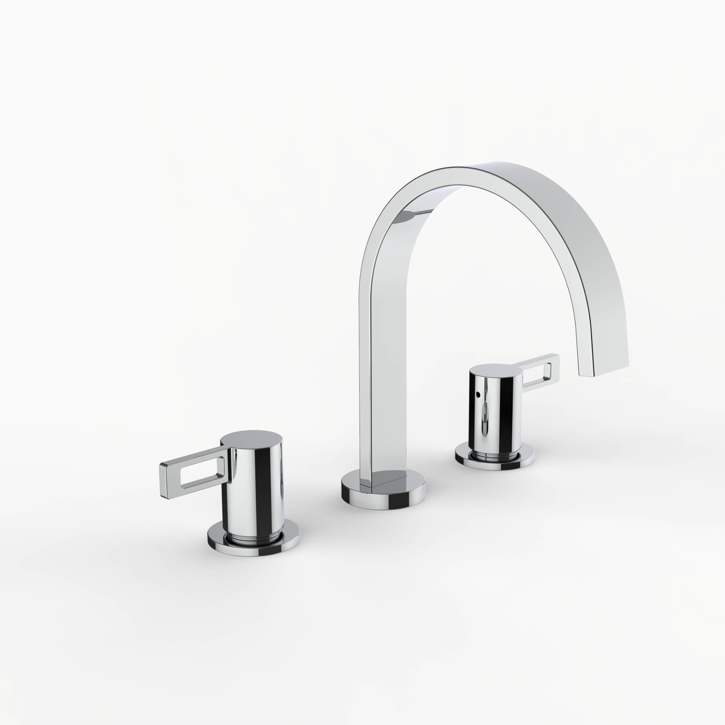Davinci D06-H04-100-PC Flat Round Deck Mounted, Three Hole Lavatory Faucet with Flat Arc, Round Flange Spout with Loop Lever Style Handles in Polished Chrome