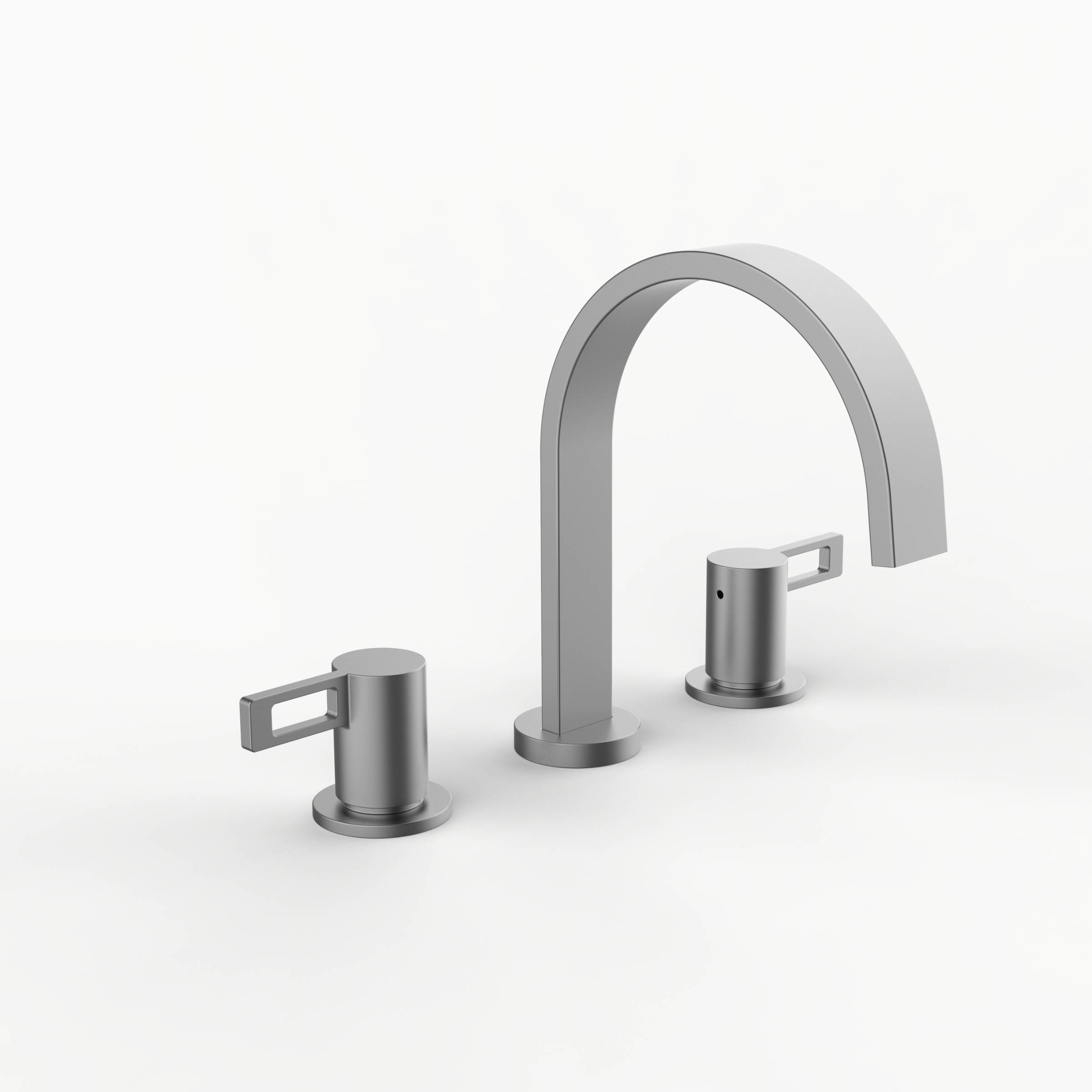 Davinci D06-H04-100-SN Flat Round Deck Mounted, Three Hole Lavatory Faucet with Flat Arc, Round Flange Spout with Loop Lever Style Handles in Satin Nickel