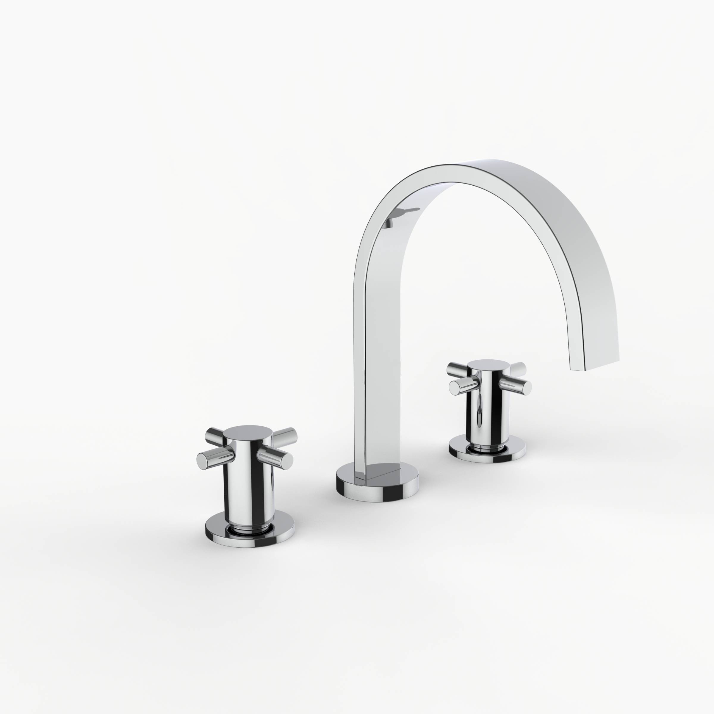 Davinci D06-H06-100-PC Flat Round Deck Mounted, Three Hole Lavatory Faucet with Flat Arc, Round Flange Spout with Spoke Cross Style Handles in Polished Chrome