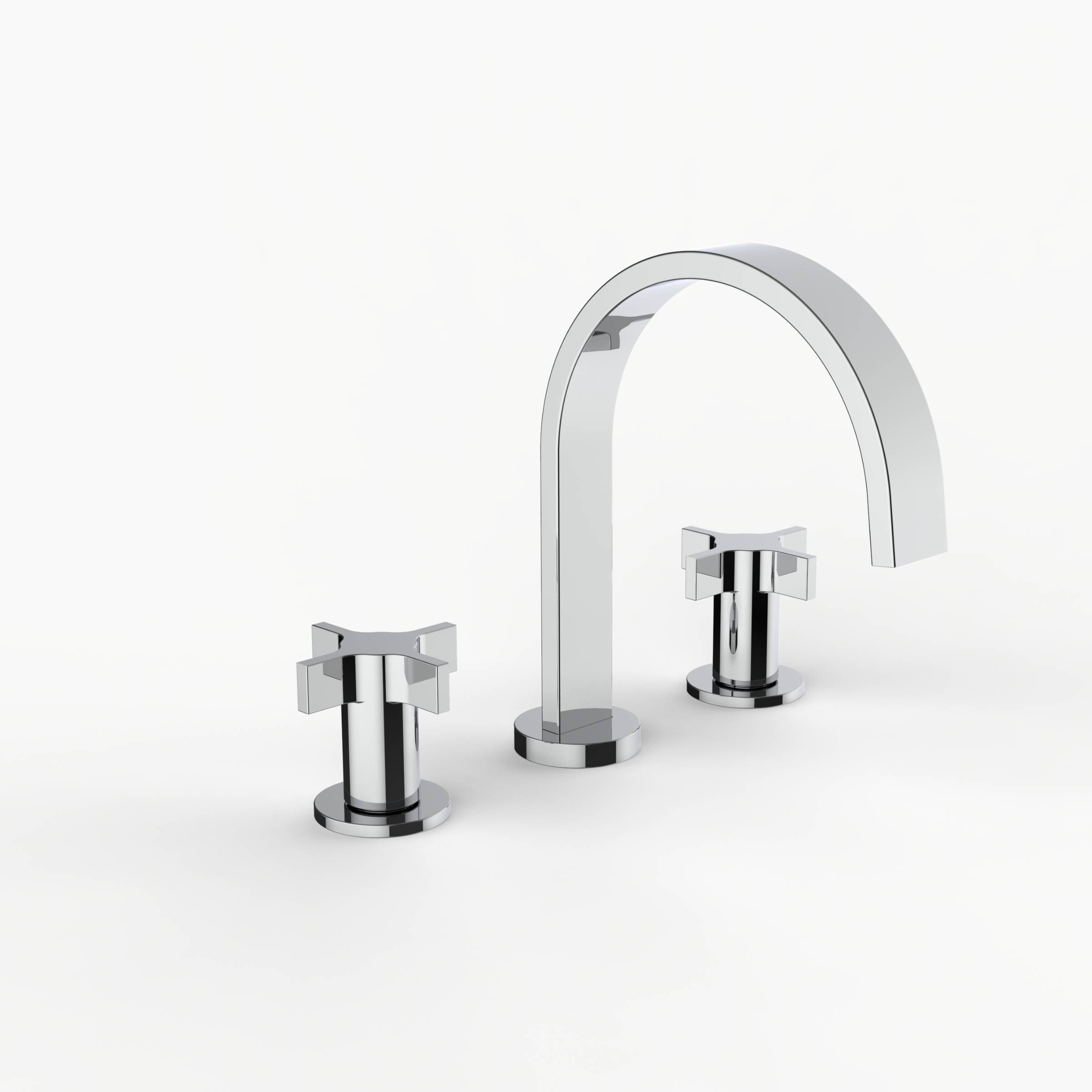 Davinci D06-H07-100-PC Flat Round Deck Mounted, Three Hole Lavatory Faucet with Flat Arc, Round Flange Spout with Tapered Cross Style Handles in Polished Chrome