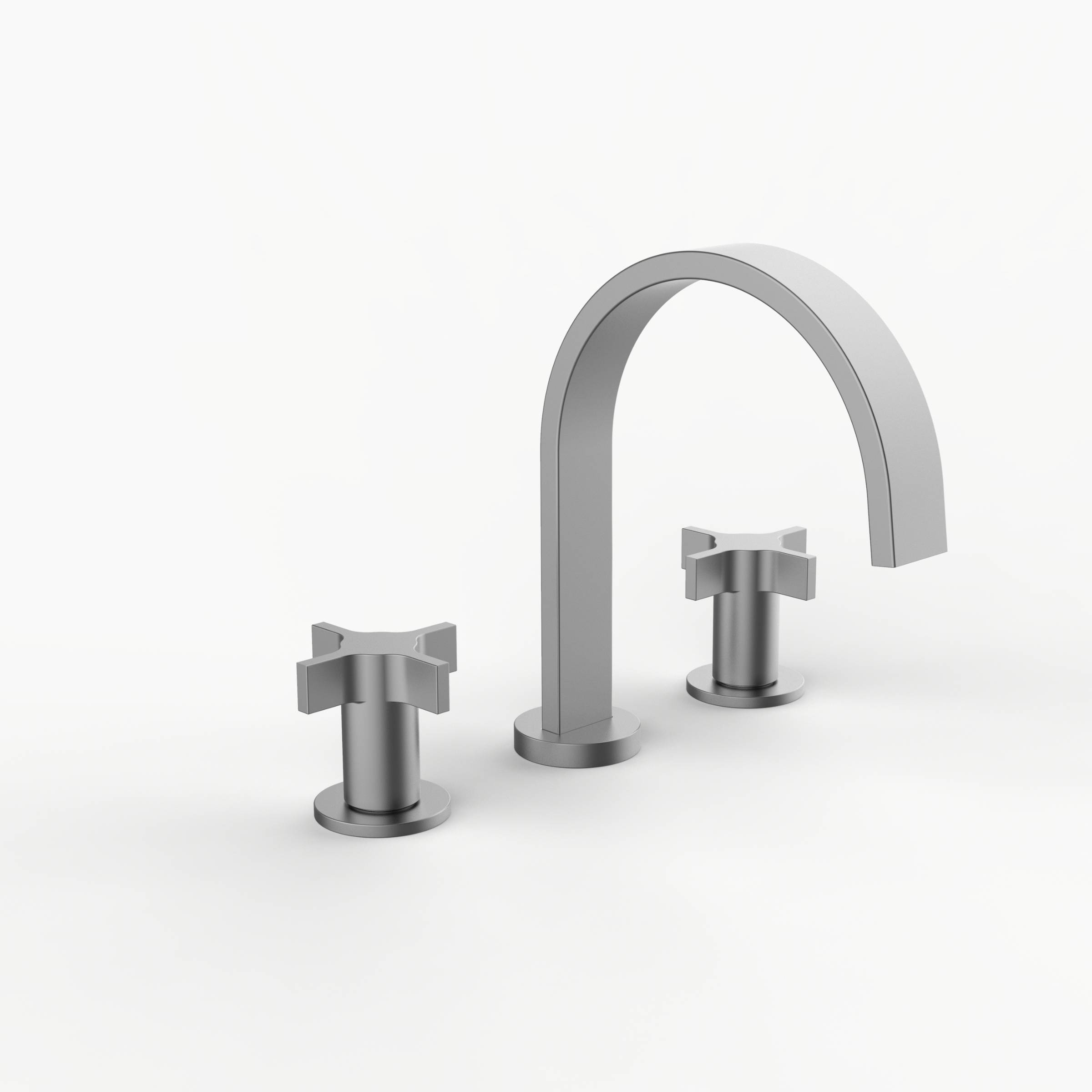 Davinci D06-H07-100-SN Flat Round Deck Mounted, Three Hole Lavatory Faucet with Flat Arc, Round Flange Spout with Tapered Cross Style Handles in Satin Nickel
