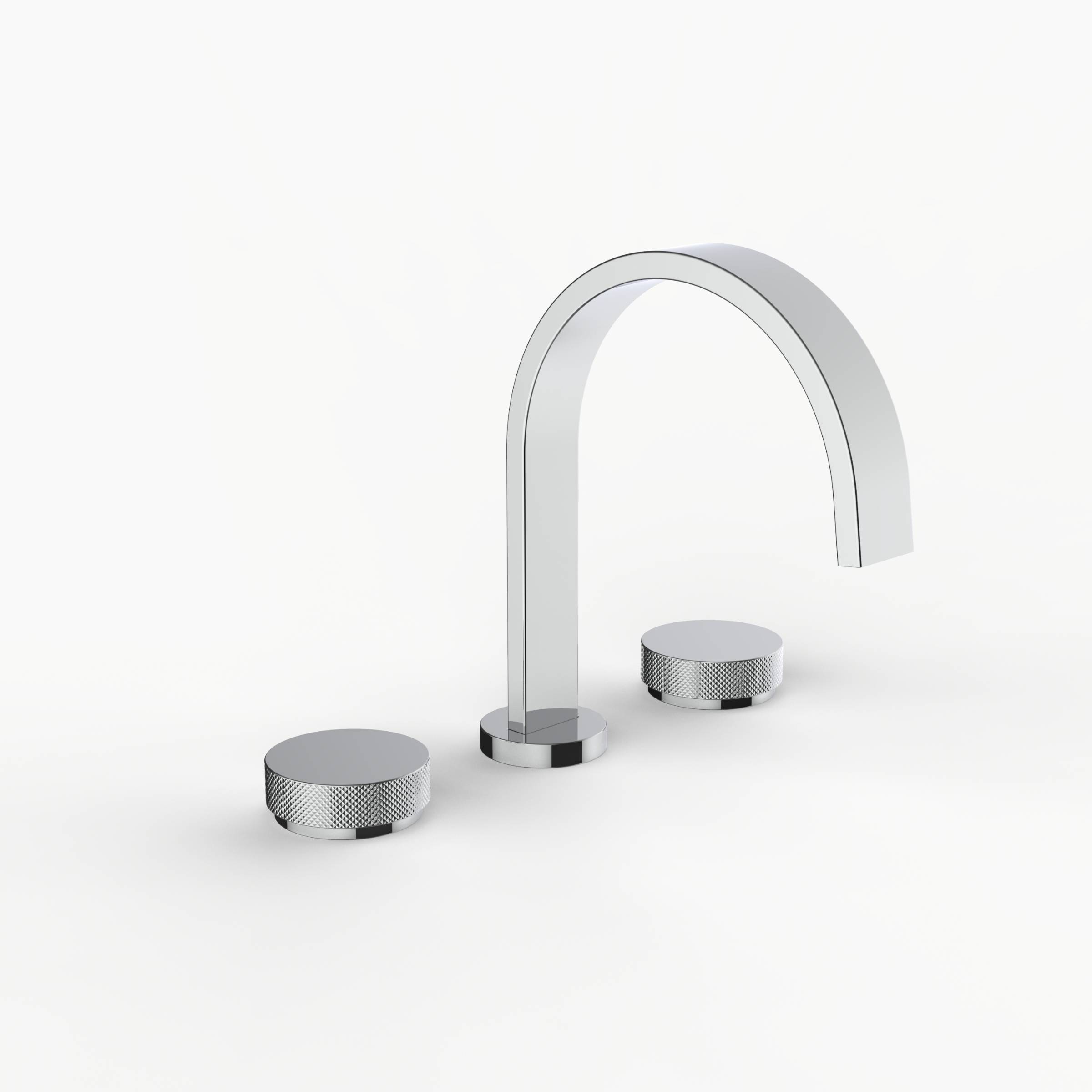 Davinci D06-H16-100-PC Flat Round Deck Mounted, Three Hole Lavatory Faucet with Flat Arc, Round Flange Spout with Knurled Puck Handles in Polished Chrome