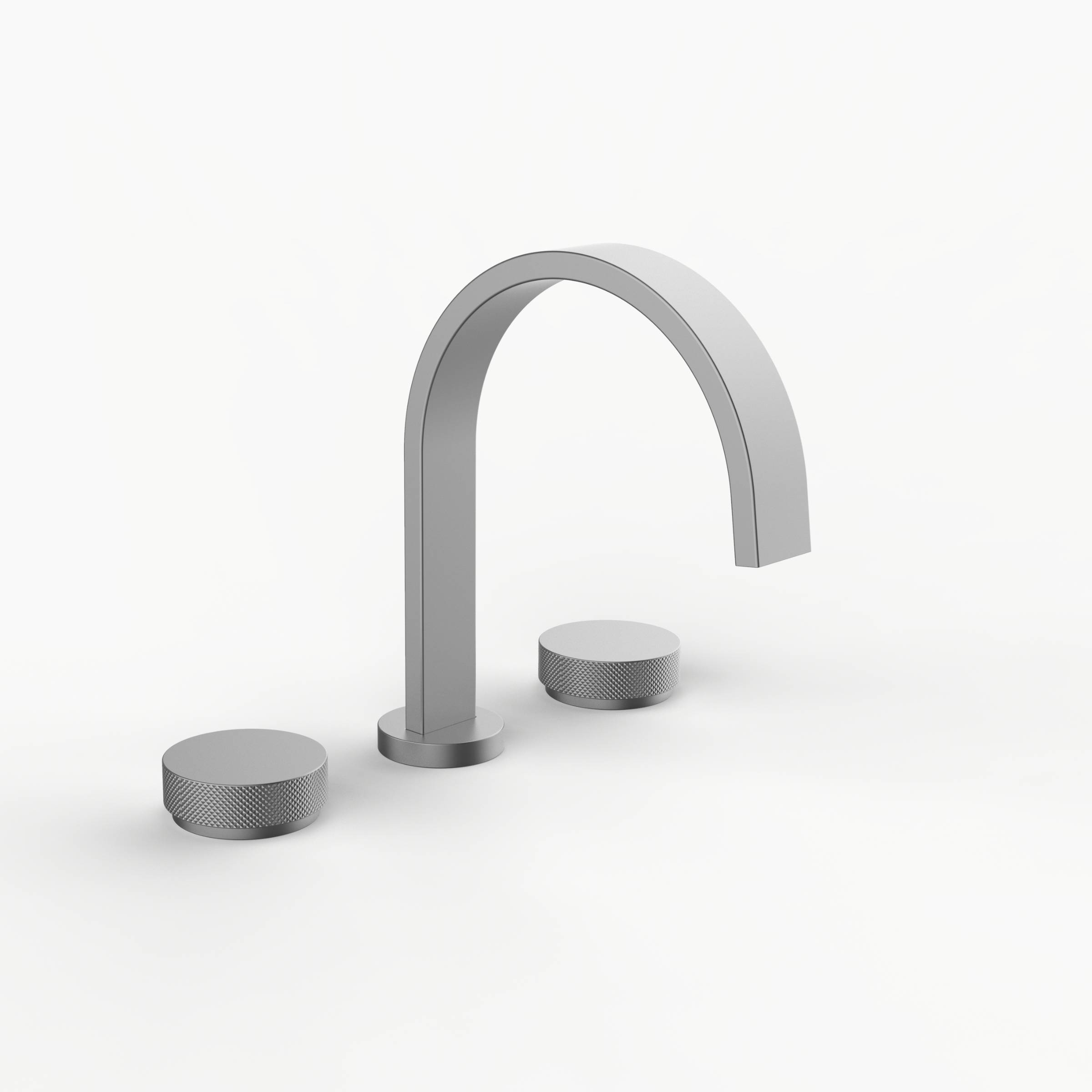 Davinci D06-H16-100-SN Flat Round Deck Mounted, Three Hole Lavatory Faucet with Flat Arc, Round Flange Spout with Knurled Puck Handles in Satin Nickel