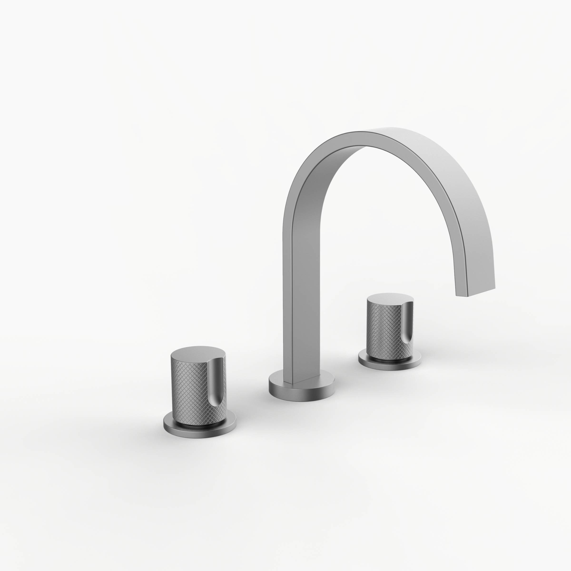 Davinci D06-S3K-100-SN Flat Round Deck Mounted, Three Hole Lavatory Faucet with Flat Arc, Round Flange Spout with Knurled Knob Style Handles with Vertical Groove in Satin Nickel