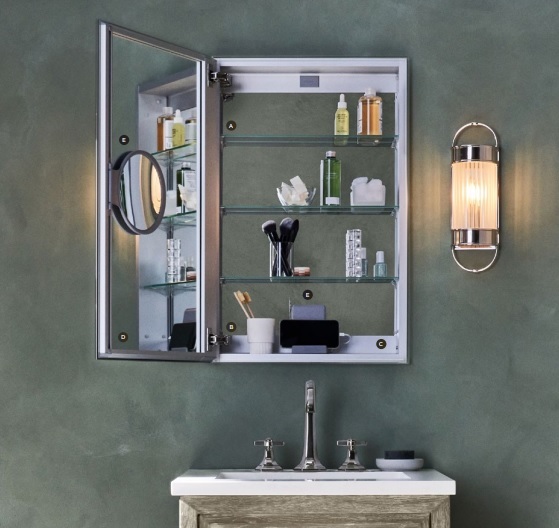 Robern DC2430D4CFG72 Main Line Series Medicine Cabinet 30" H x 24" W x 4" D Framed (Polished Aluminum), Reversible in Grey