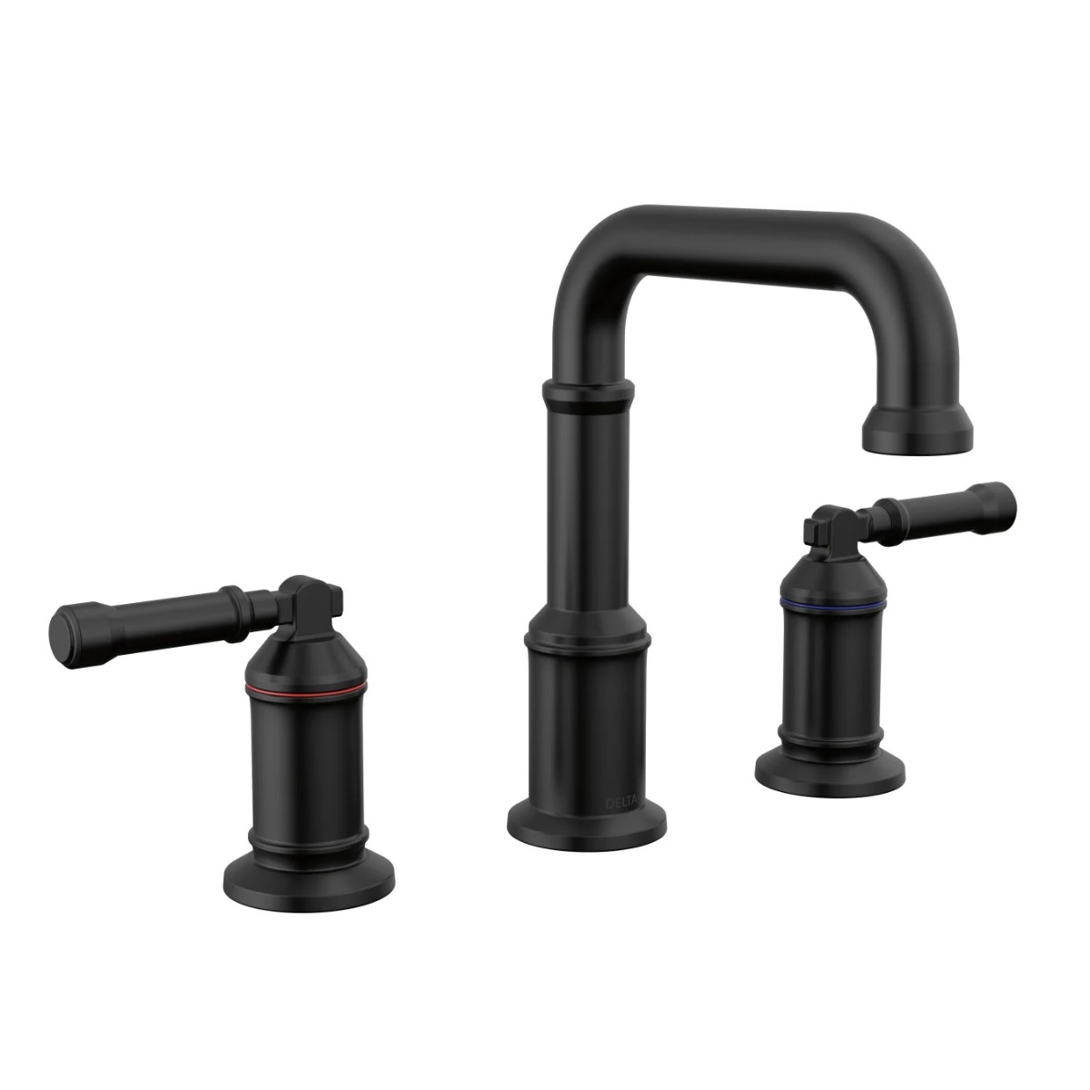 Delta 3584-BL-DST Broderick® 1.2 GPM Deck Mounted Widespread Bathroom Faucet with Push Pop-Up Drain Assembly and Lever Handles in Matte Black