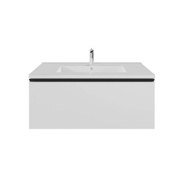 Emory & Bond EB551132WH-WVT-MB Vota 32" W X 18" D, 1 Drawer Wall Mount Vanity with Matte Black Handle in Gloss White