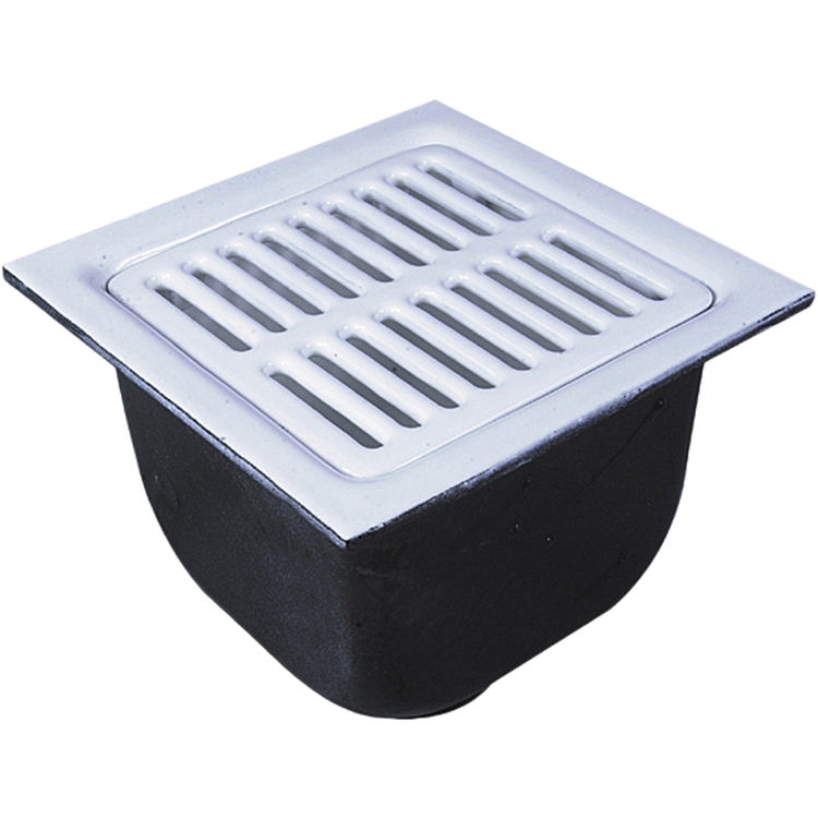 Watts FS-743, Floor Sink, 3" Pipe, No Hub, 12" Square , 8" Deep Porcelain Enamel Coated Cast Iron Grate, Dome Bottom Strainer, No Hub