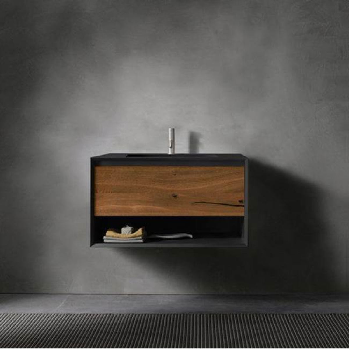 Blu Bathworks FXV2-0700-04M 45° Fenix Wall Mounted Vanity Frame with Integrated Basin in Black Matte with Single Drawer and Open Bottom Shelf (Drawer Panel Sold Separately)