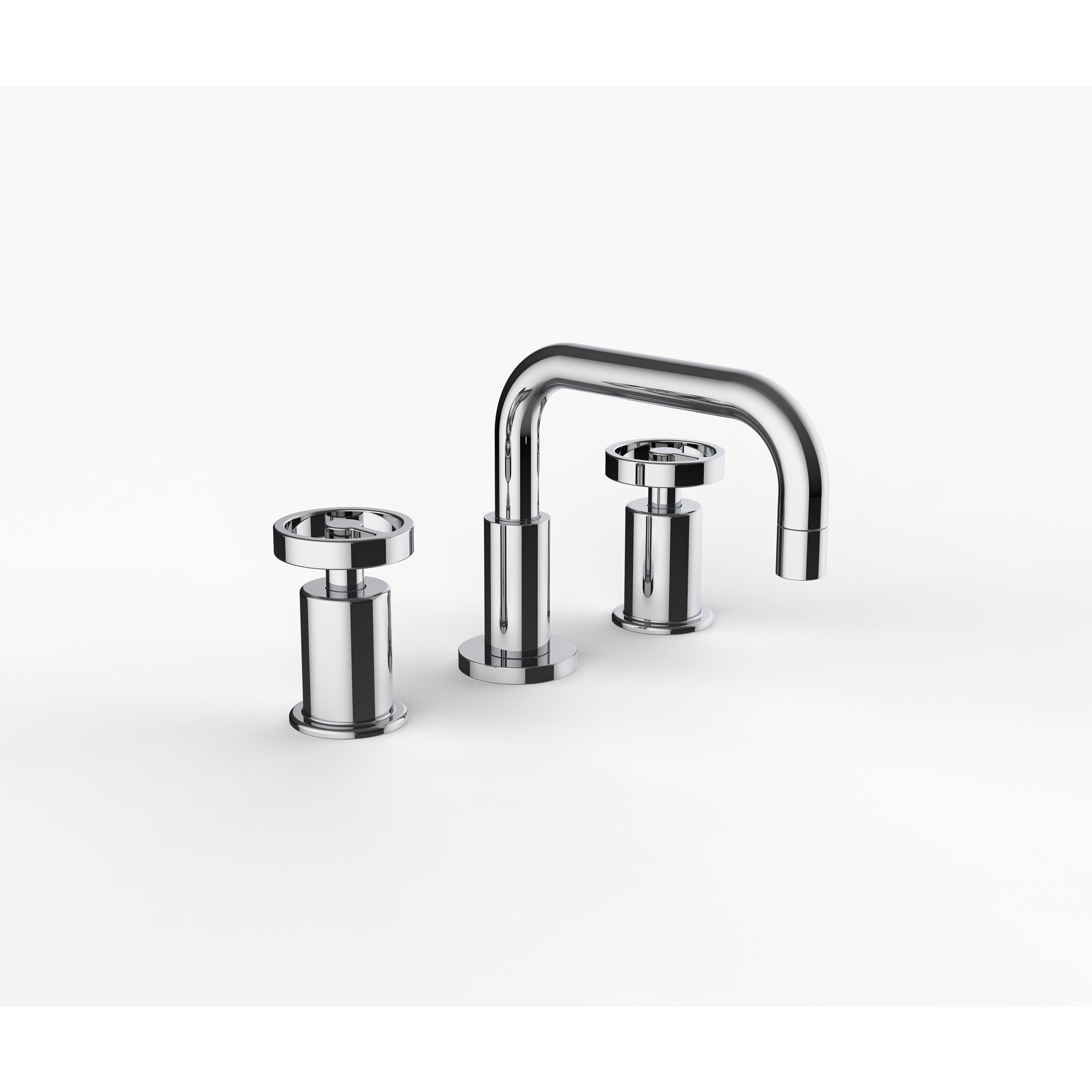 Davinci GAN-DS-100-PC Gotham Deck Mounted Three Hole Lavatory Faucet with Right Angle Spout with Base and Wheel Handles in Polished Chrome
