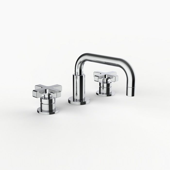Davinci GAN-H20-100-5-PC Gotham Deck Mounted Three Hole Lavatory Faucet with Short Right Angle Spout with Base and Coupe Cross Handles in Polished Chrome