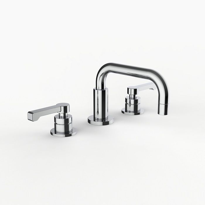 Davinci GAN-H23-100-5-PC Gotham Deck Mounted Three Hole Lavatory Faucet with Short Right Angle Spout with Base and Zephyr Lever Handles in Polished Chrome