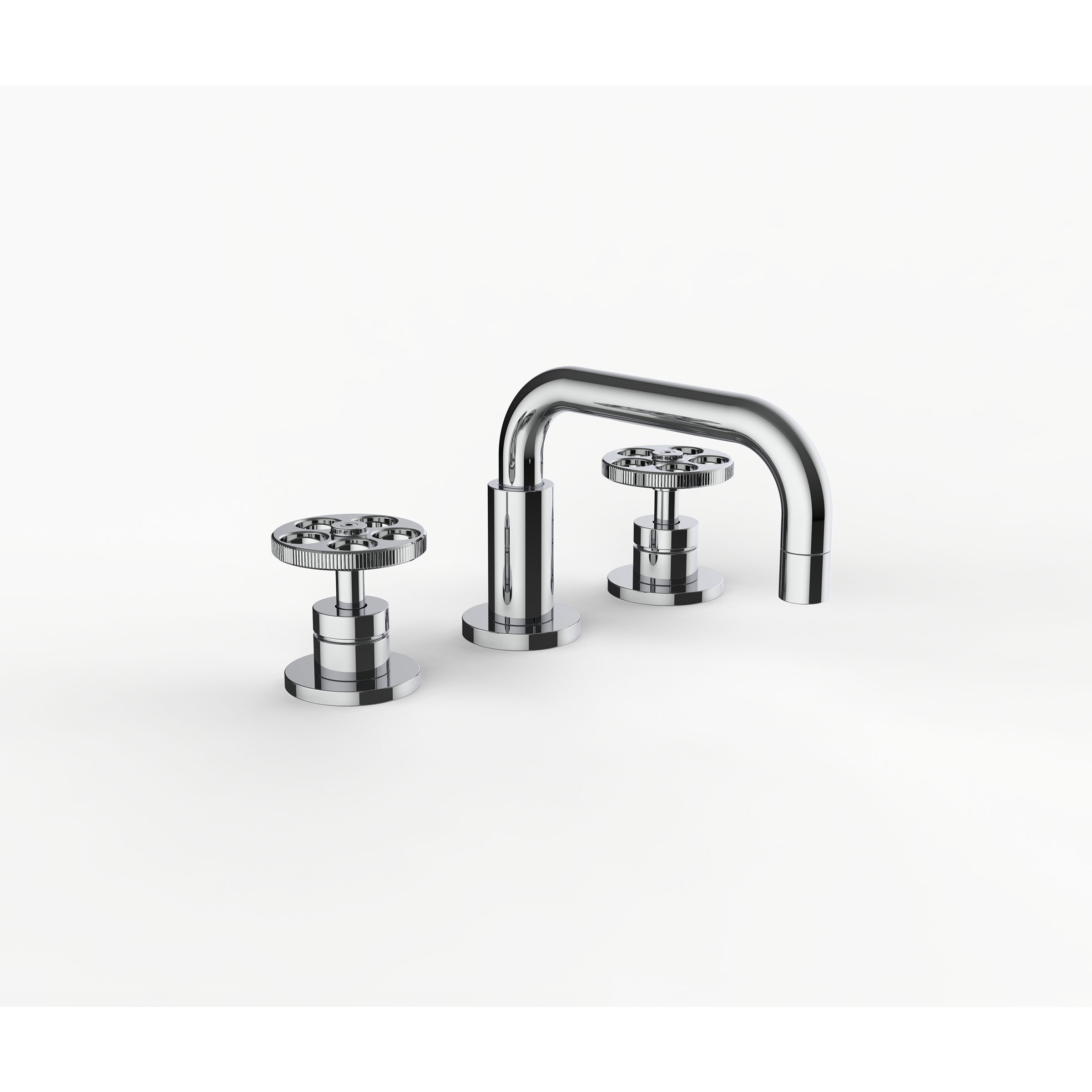 Davinci GAN-IND-100-5-PC Gotham Deck Mounted Three Hole Lavatory Faucet with Short Right Angle Spout with Base and Industrial Wheel Style Handles in Polished Chrome