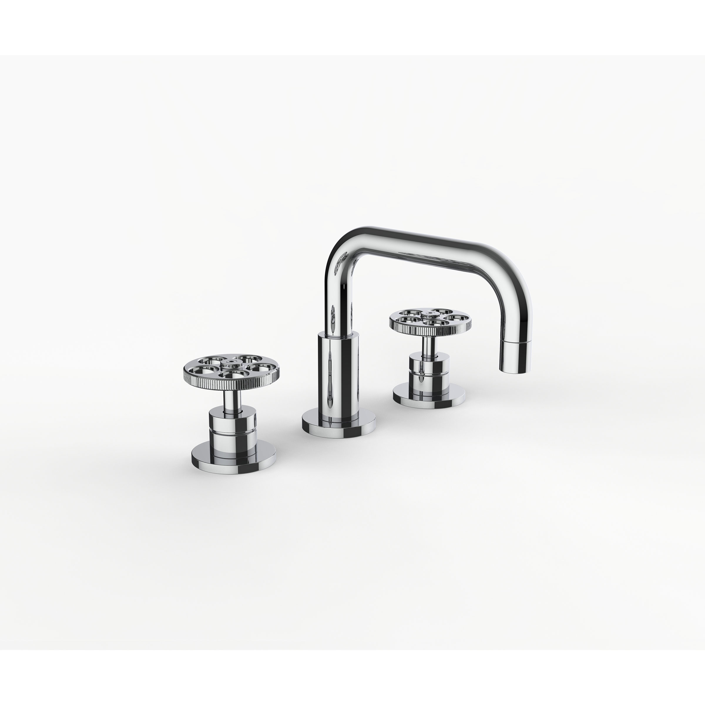 Davinci GAN-IND-100-PC Gotham Deck Mounted Three Hole Lavatory Faucet with Right Angle Spout with Base and Industrial Wheel Style Handles in Polished Chrome