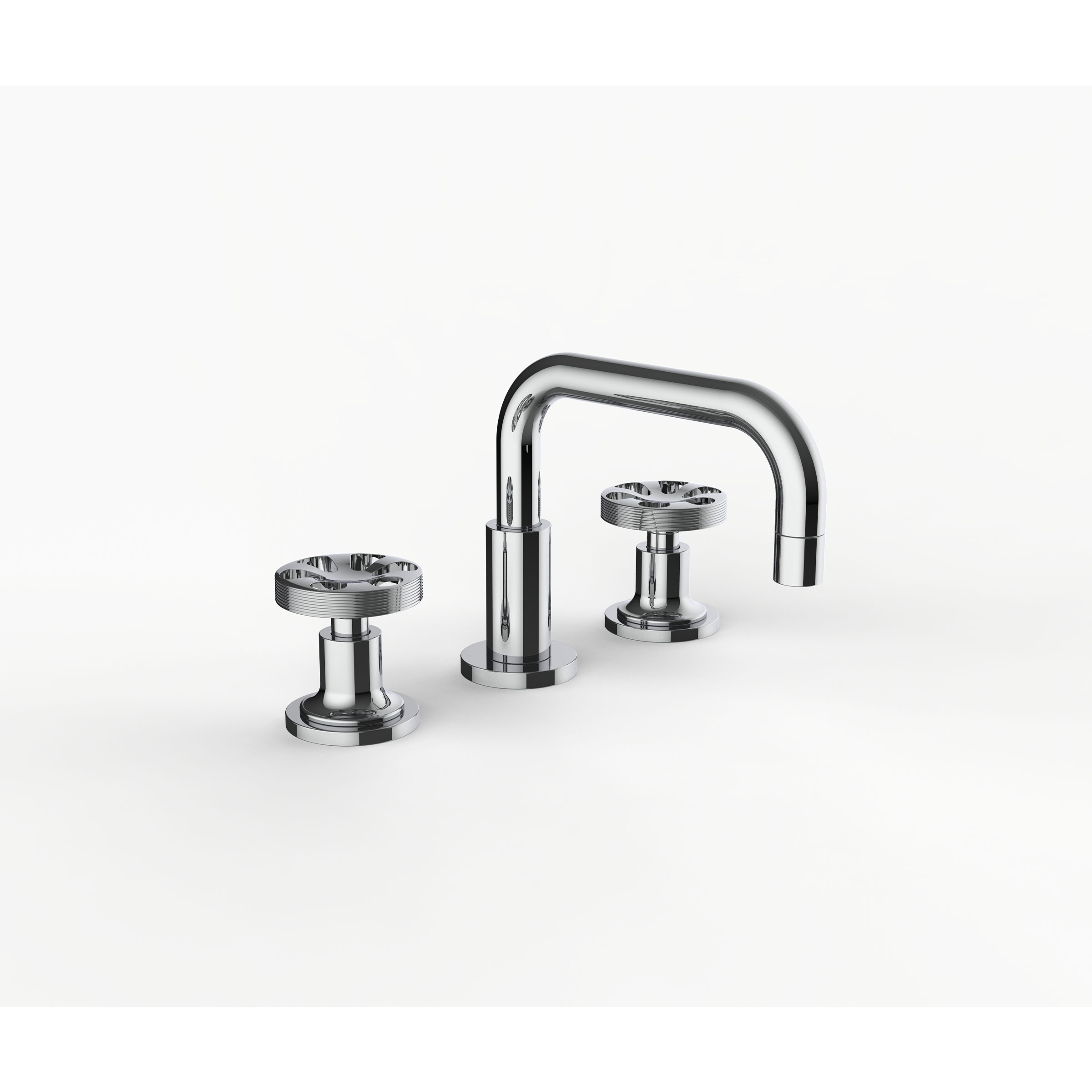 Davinci GAN-MOM-100-PC Gotham Deck Mounted Three Hole Lavatory Faucet with Right Angle Spout with Base and Momentum Wheel Style Handles in Polished Chrome