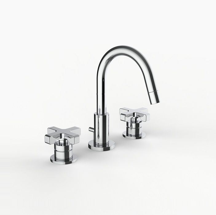 Davinci GOT-H20-100-PC Gotham Deck Mounted Three Hole Lavatory Faucet with Arc Spout with Base and Coupe Cross Handles in Polished Chrome