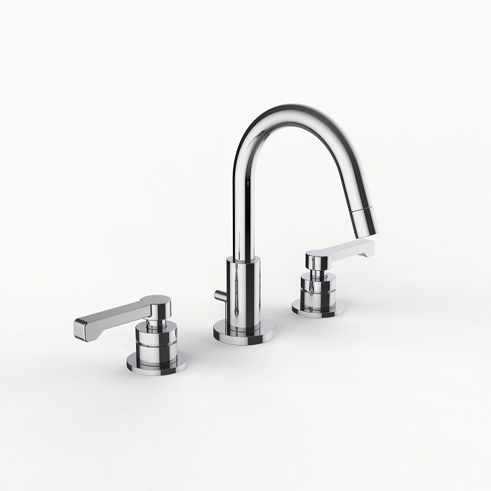 Davinci GOT-H23-100-PC Gotham Deck Mounted Three Hole Lavatory Faucet with Arc Spout with Base and Zephyr Lever Handles in Polished Chrome
