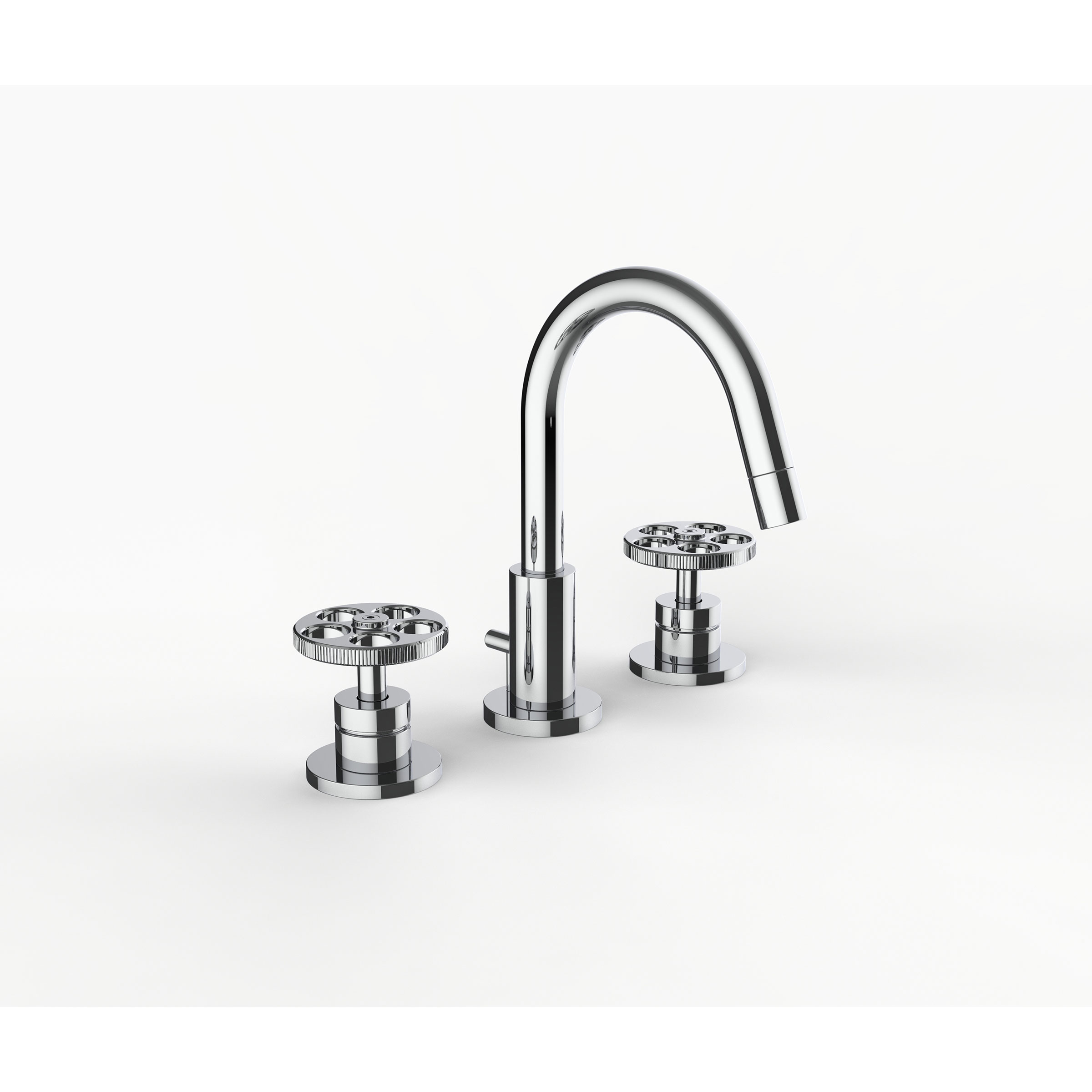 Davinci GOT-IND-100-PC Gotham Deck Mounted Three Hole Lavatory Faucet with Arc Spout with Base with Industrial Wheel Style Handles in Polished Chrome
