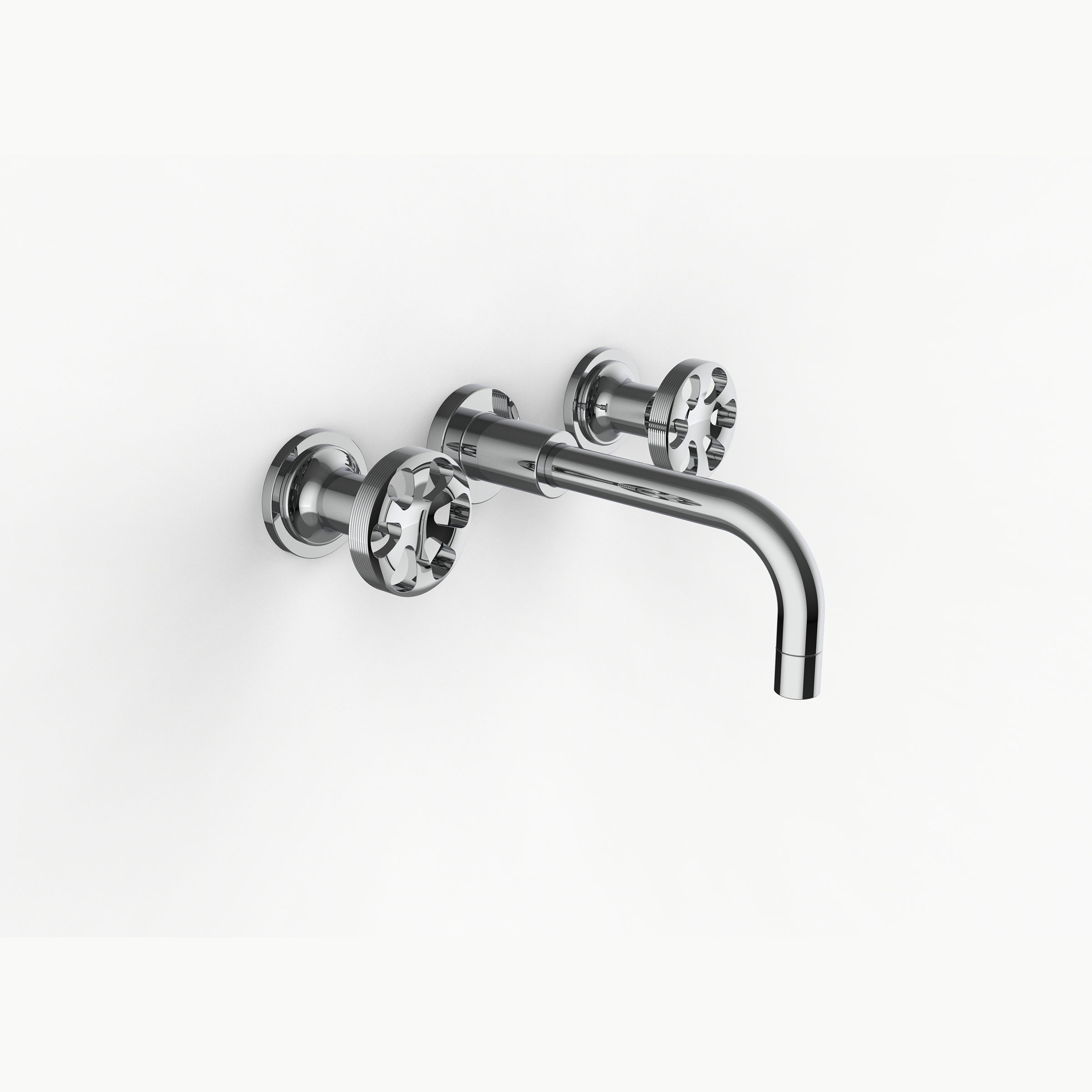 Davinci GOT-MOM-150-PC Gotham Three Hole Wall Mounted Lavatory Faucet with 90 Degree Angled Spout with Base and Momentum Wheel Style Handles in Polished Chrome