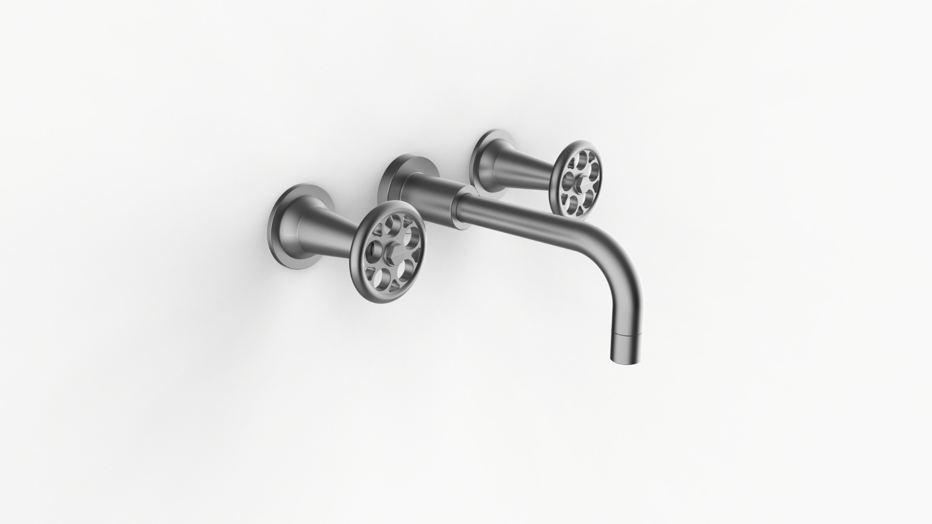 Davinci GOT-STV-150- SN Gotham Three Hole Wall Mounted Lavatory Faucet with 90 Degree Angled Spout with Base and Street Valve Wheel Handles in Satin Nickel 