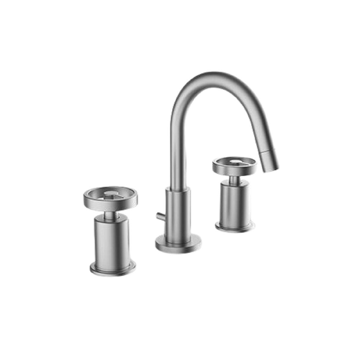 Davinci GOT-DS-100-SN Gotham Three Hole Deck Mounted Lavatory Faucet with Arc Spout, Base, and Wheel Handles in Satin Nickel