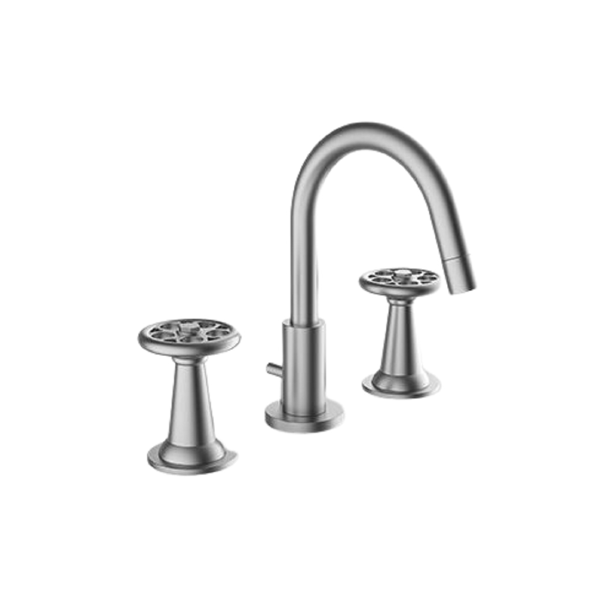 Davinci GOT-STV-100-SN Gotham Deck Mounted Three Hole Lavatory Faucet with Arc Spout, Base, and Street Valve Wheel Handles in Satin Nickel