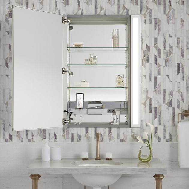 Robern MC1630D4FBL M Series 16" W X 30" H X 4" D Flat Beveled Single Door Medicine Cabinet with Left Hinge and Magnetic Organization in Silver