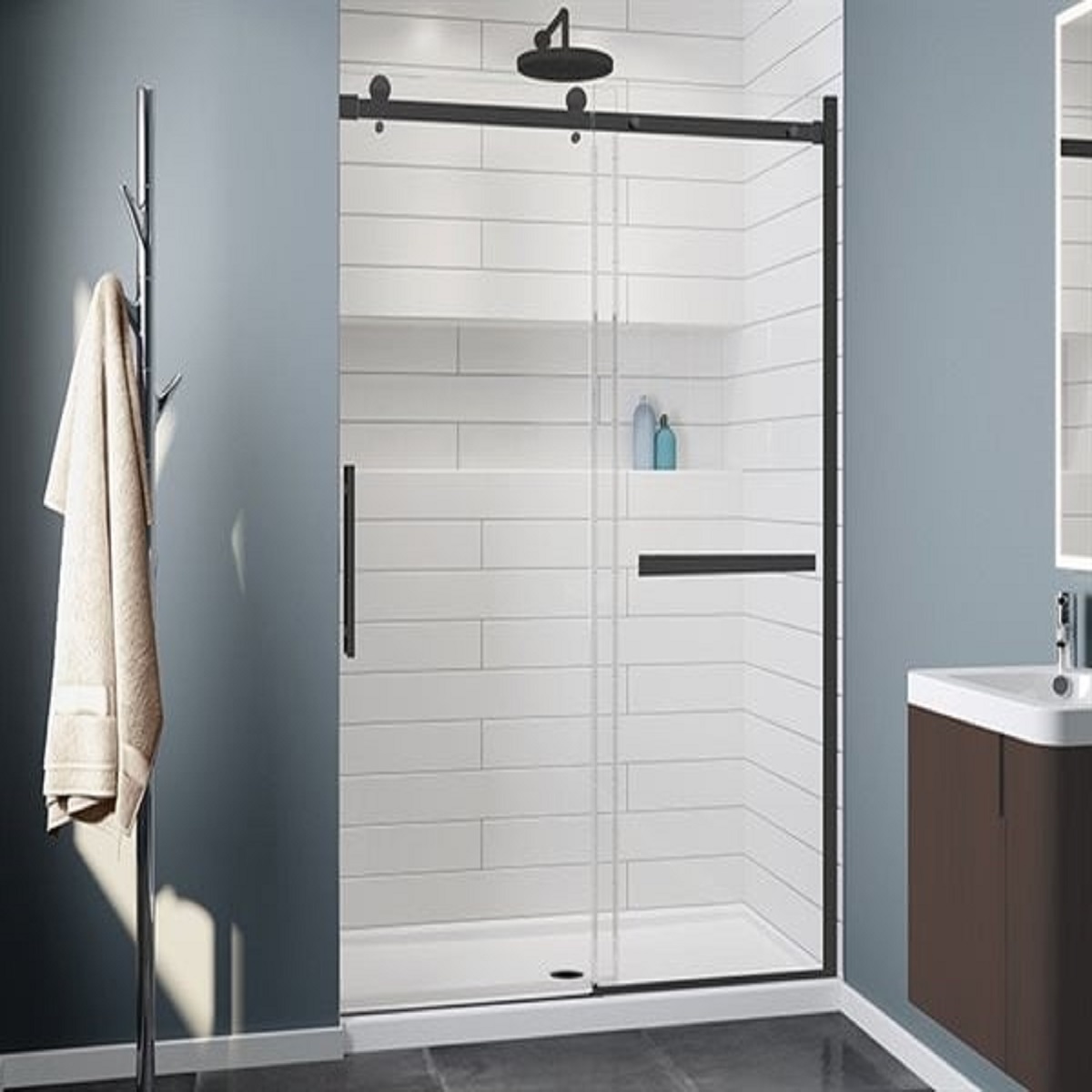 Fleurco NXVS160-33-40R Novara Plus In-Line 3/8" Clear Glass 79" H X 60" W Alcove Sliding Shower Door and Fixed Panel in Matte Black