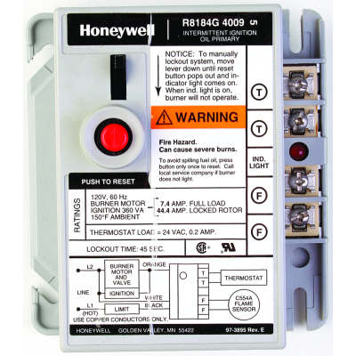 Honeywell R8184G4033 /U 120V, 60Hz. Safety Switch Timing: 30 Sec. With .2A Thermostat Current R Ating. Led For Lockout Indication And Manual Trip. Grey Color.