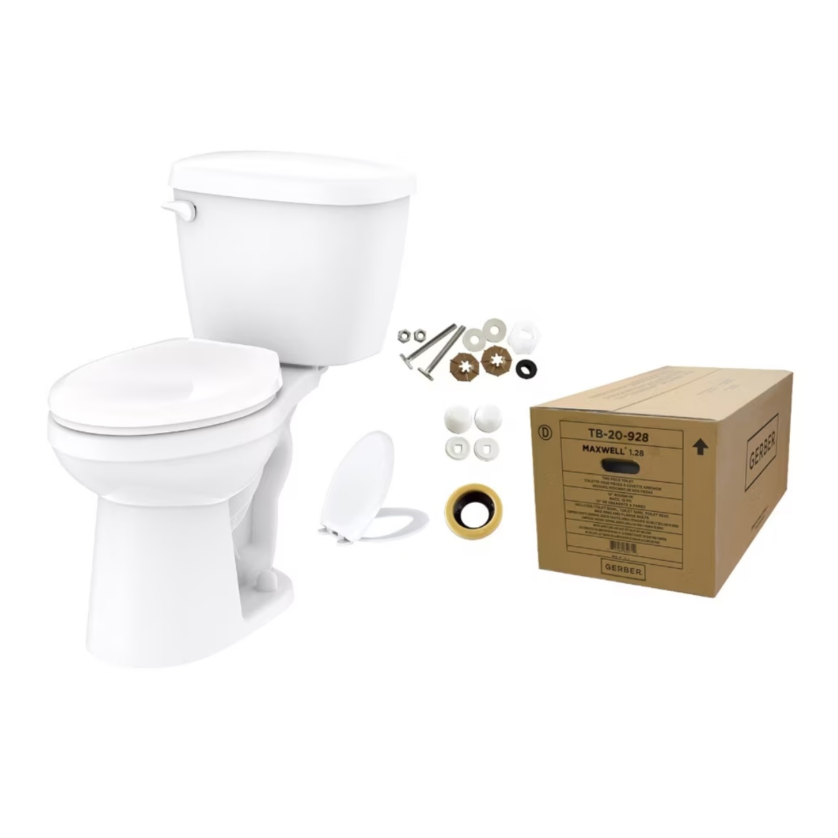 Gerber GTB20928 Maxwell® 1.28 GPF 12" Rough-In Elongated Comfort Height Two Piece Toilet in a Box in White (Includes Tank, Bowl and Seat)