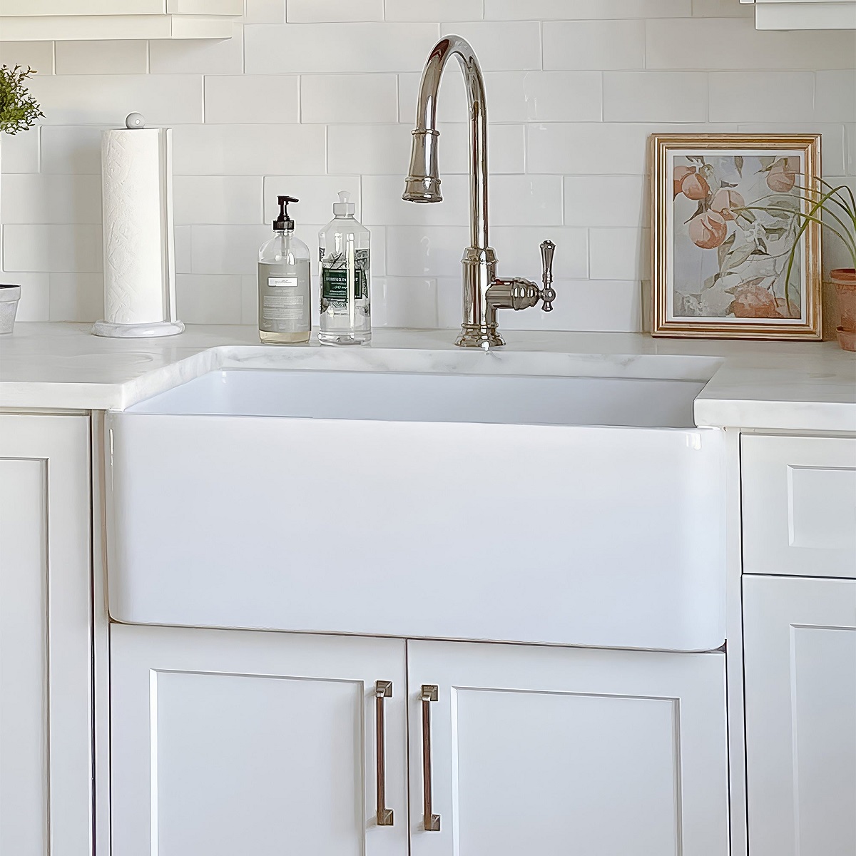 Whitehaus WH3018-WHITE 30" L X 18" W X 10" H Undermount Rectangular Reversible Single Bowl Fireclay Kitchen Sink with Plain Front Apron in White