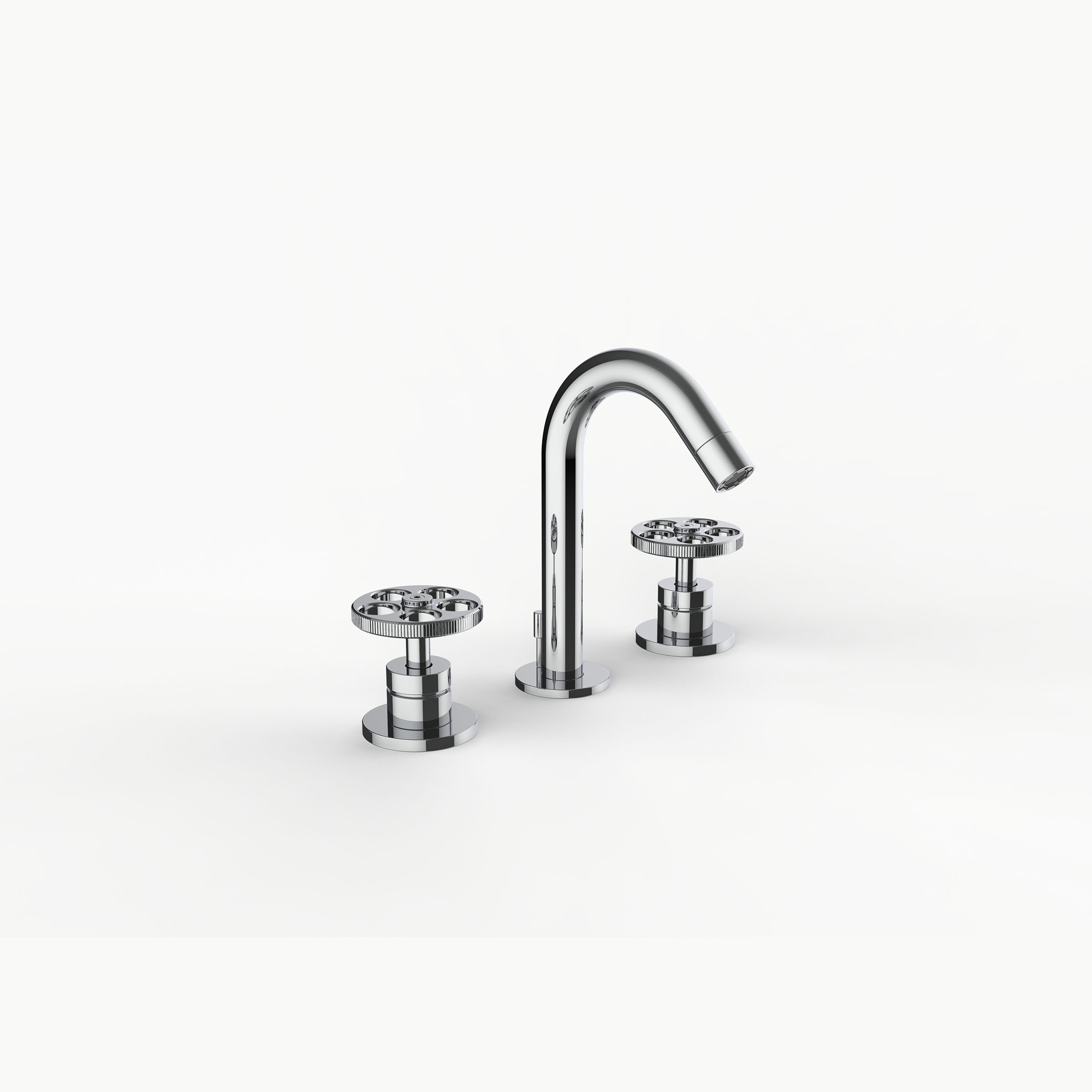 Davinci ZEN-IND-100-PC Gotham Deck Mounted Three Hole Lavatory Faucet with Arc Spout with Industrial Wheel Style Handles in Polished Chrome