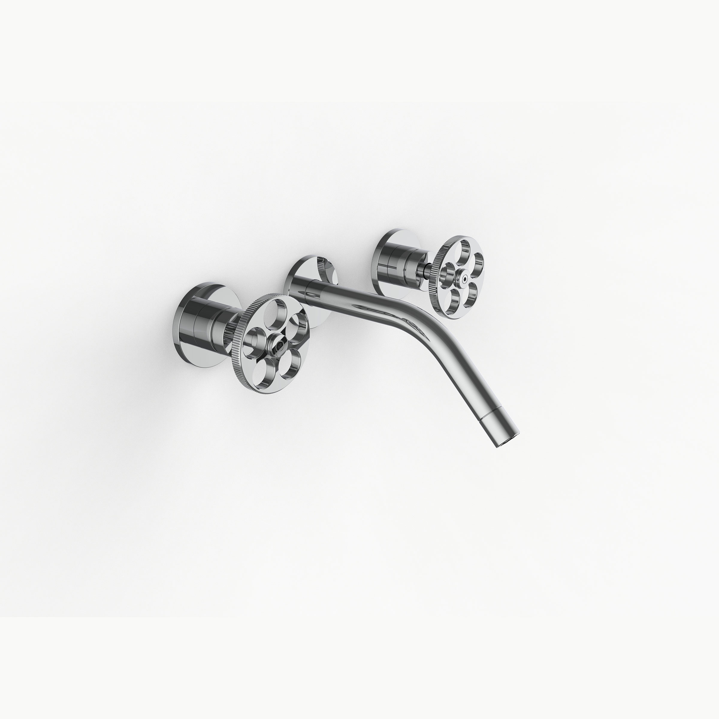Davinci ZEN-IND-150-SN Gotham Three Hole Wall Mounted Lavatory Faucet with 45 Degree Angled Spout with Industrial Wheel Style Handles in Satin Nickel 