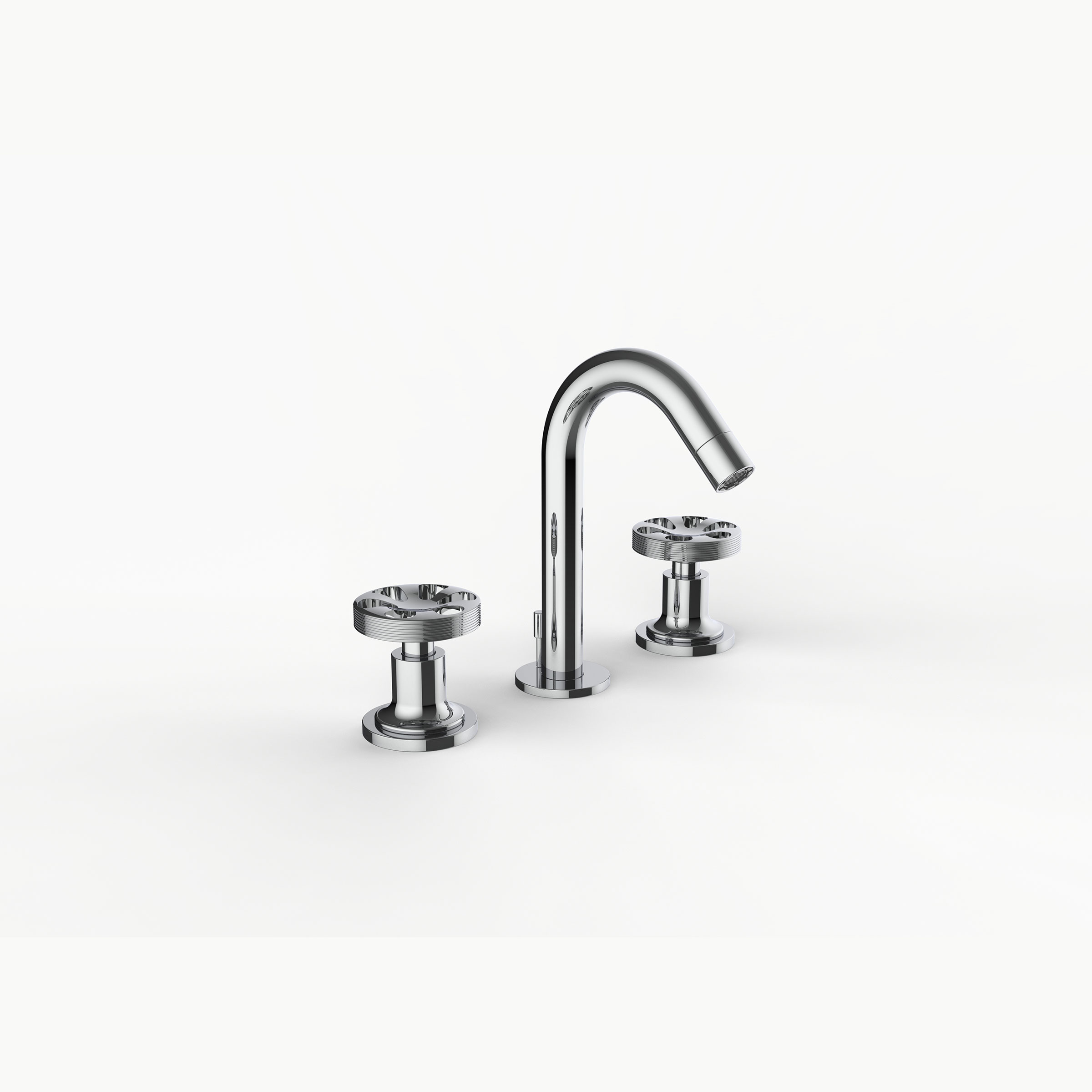 Davinci ZEN-MOM-100-PC Gotham Deck Mounted Three Hole Lavatory Faucet with Arc Spout with Momentum Wheel Style Handles in Polished Chrome