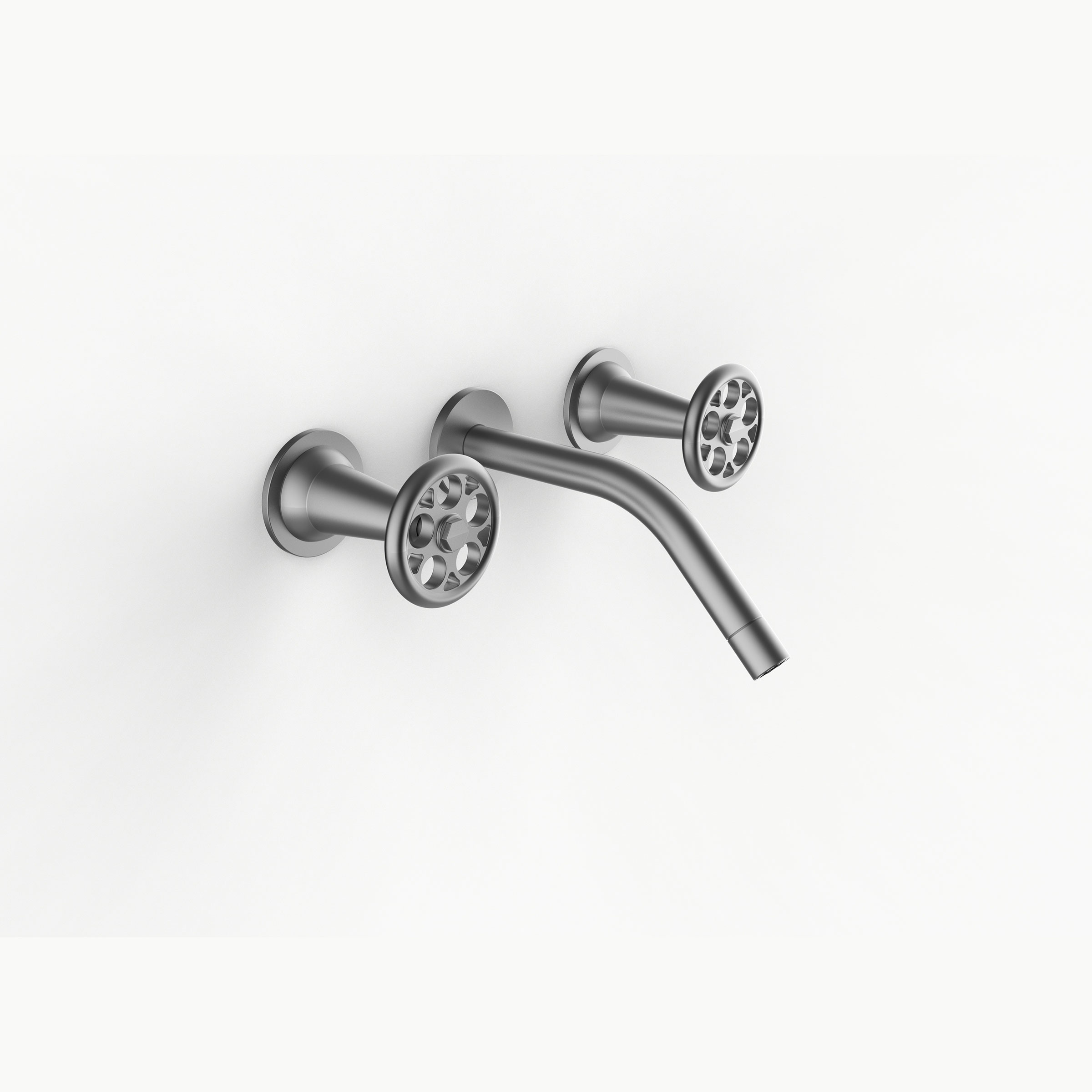 Davinci ZEN-STV-150-SN Gotham Three Hole Wall Mounted Lavatory Faucet with 45 Degree Angled Spout with Street Valve Wheel Handles in Satin Nickel 